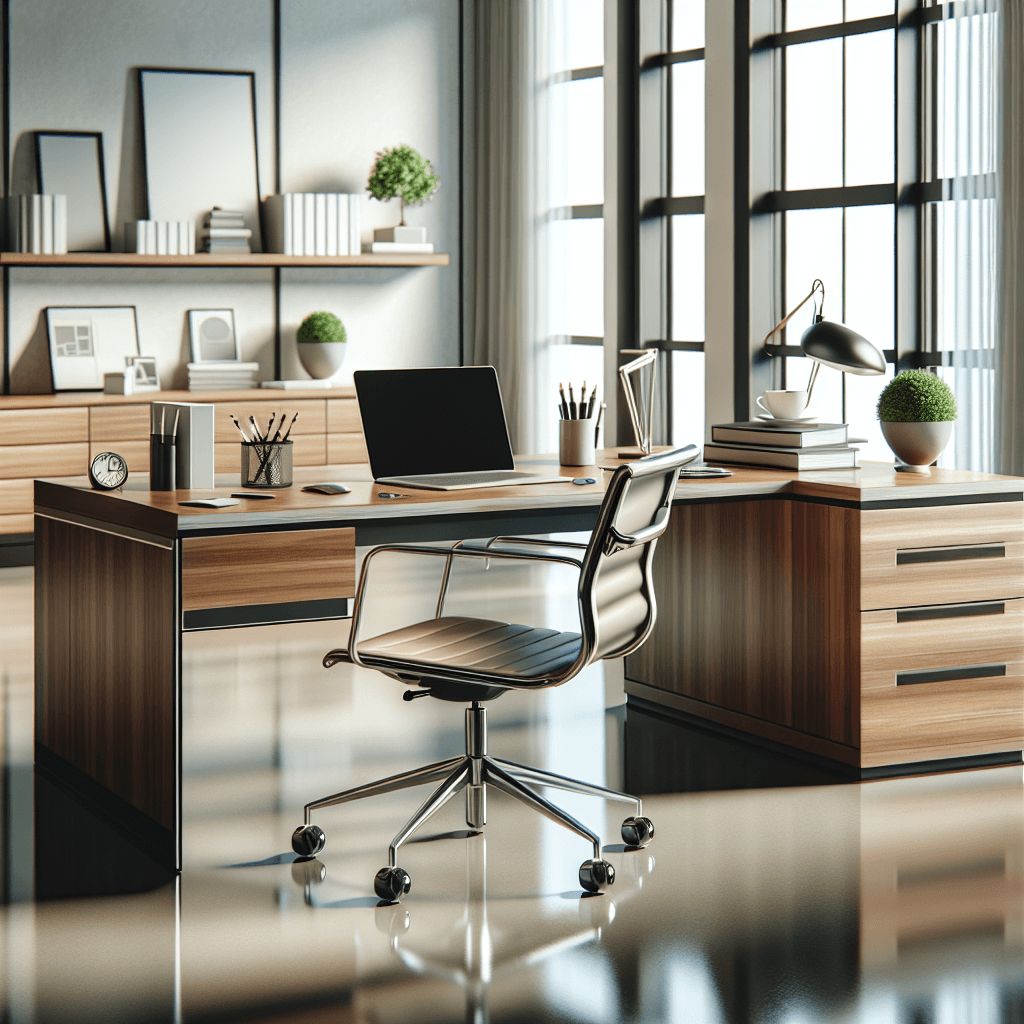 A clean and organized modern office workspace with a desk, laptop, and plants.