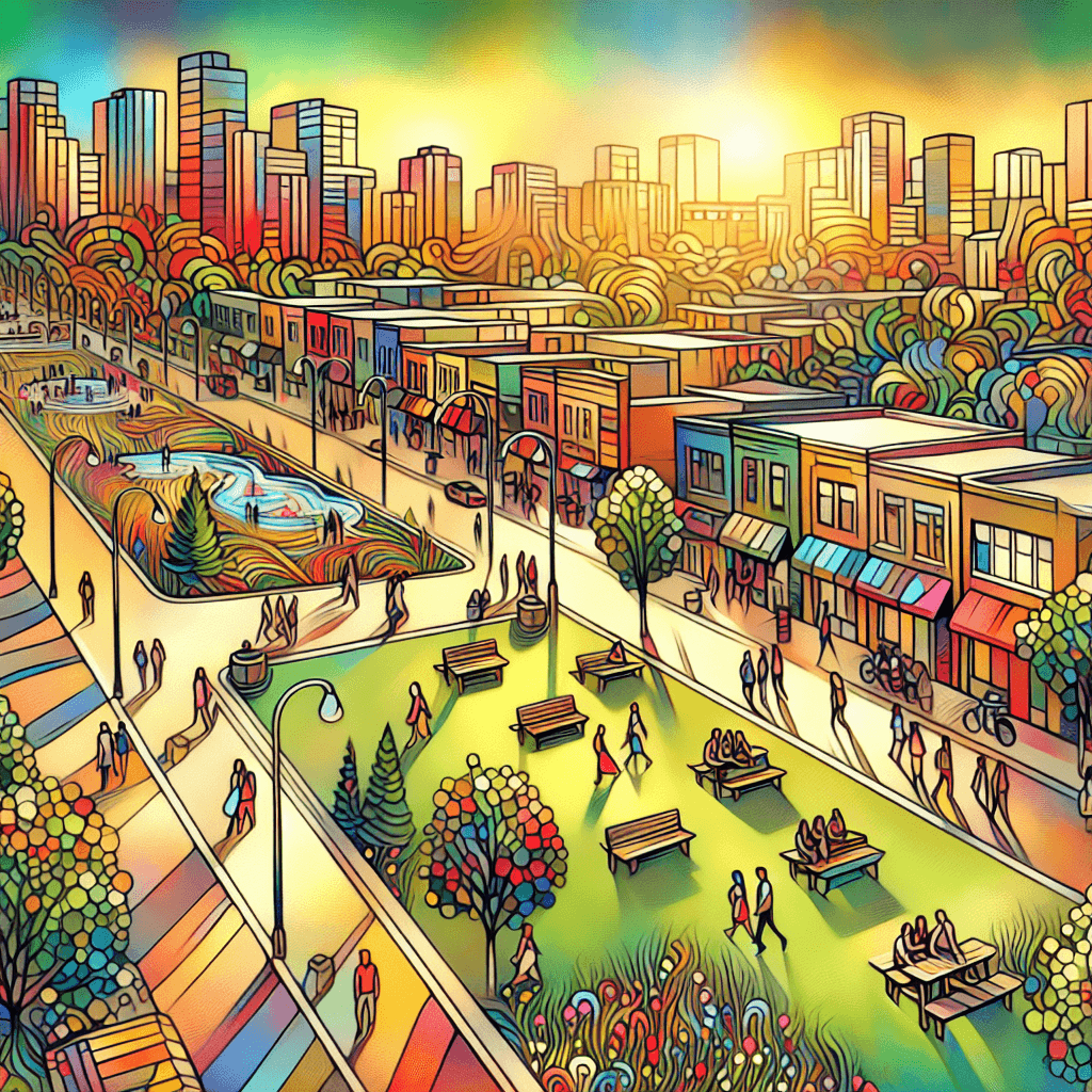 A picturesque view of Ermineskin neighborhood in Edmonton, depicting parks, shops, and a feeling of community.