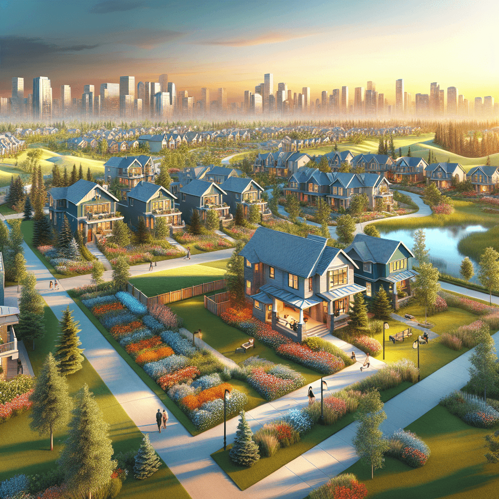 A scenic view of Magrath Heights with modern homes, green parks, and a sunset backdrop.