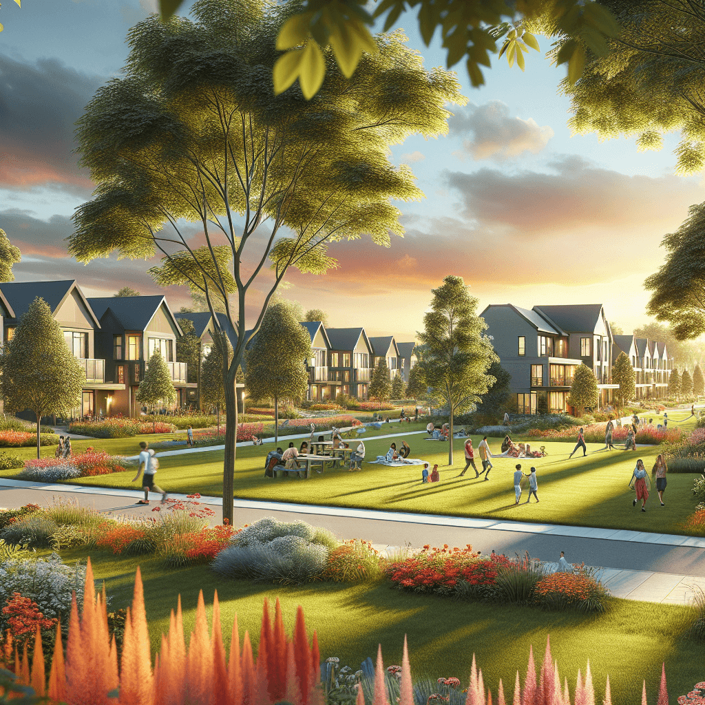 A picturesque view of Magrath Heights neighborhood with parks, homes, and families enjoying outdoor activities.