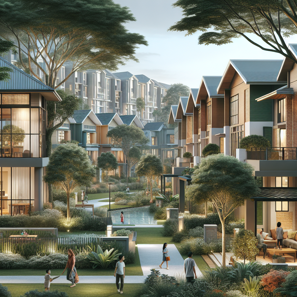 A view of Henderson Estates community showcasing modern and classic homes in a lush, serene environment.