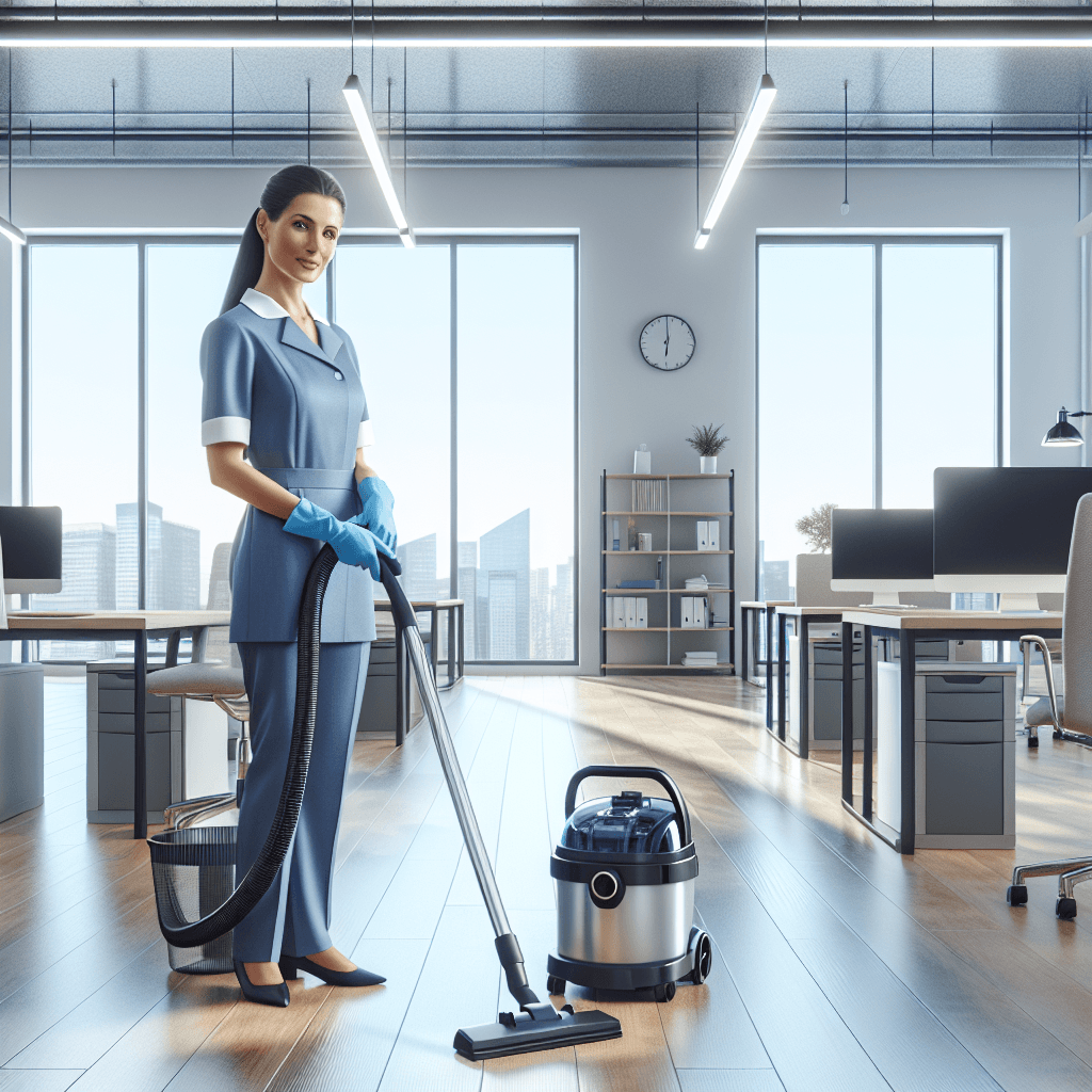 A professional cleaner vacuuming a modern and clean office space with large windows and polished floors.