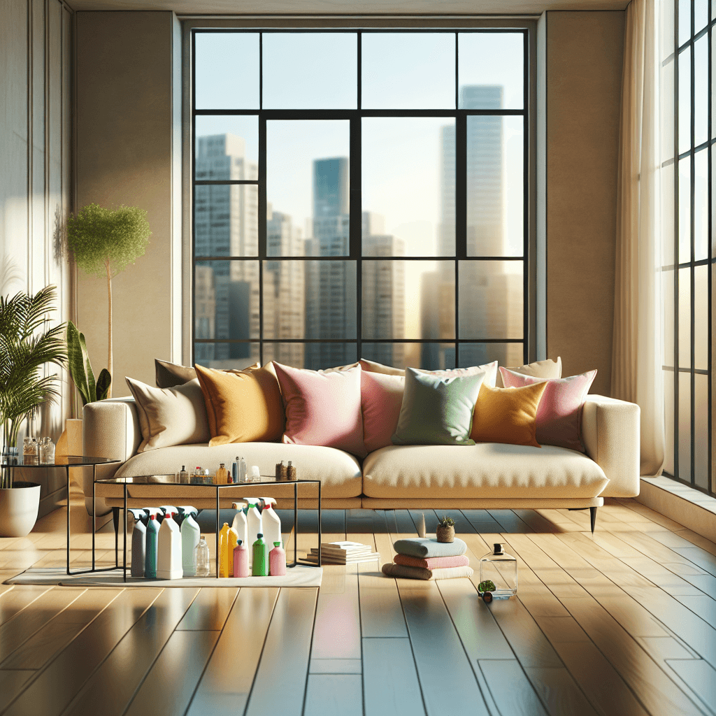 A clean and inviting living room in Edmonton with sunlight, a sofa, indoor plants, and eco-friendly cleaning supplies.
