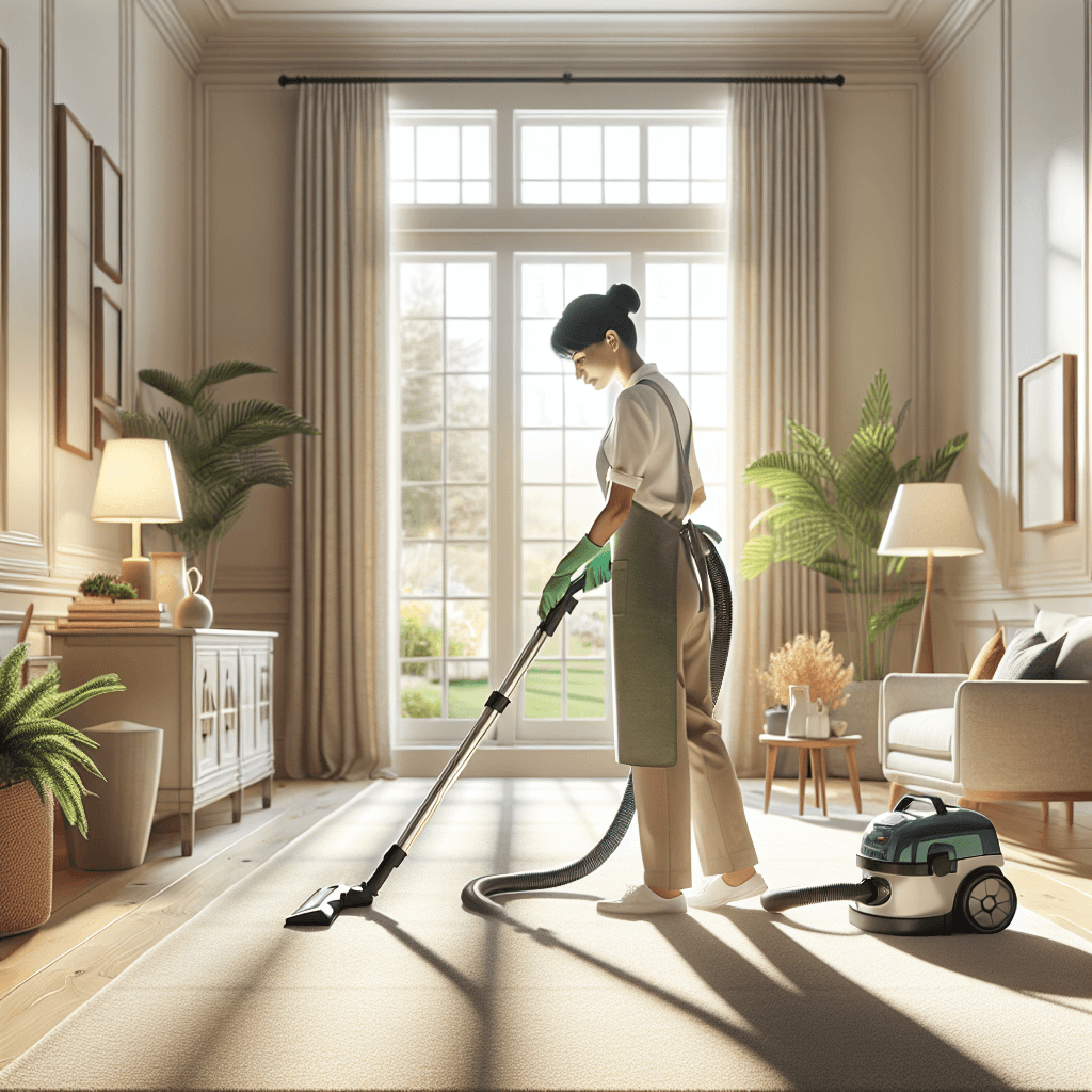 A professional cleaner at work in a clean Edmonton residence, vacuuming the carpet.