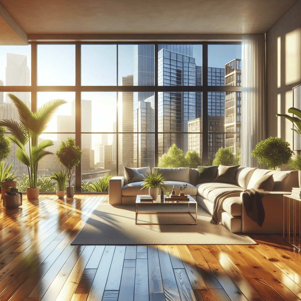 A clean and inviting living room in Edmonton, showcasing bright light, plants, and eco-friendly cleaning supplies.
