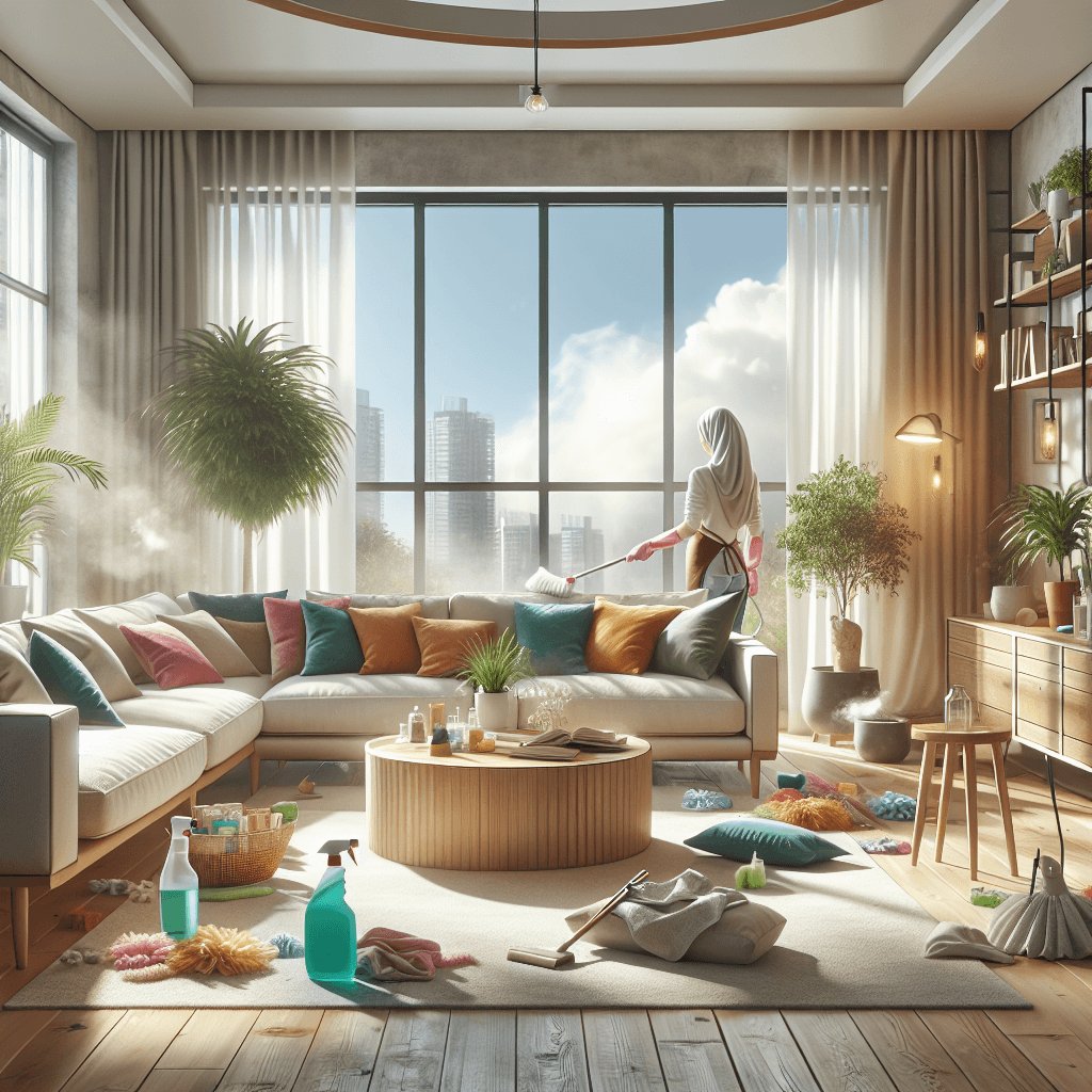 A living room during a deep cleaning session, showcasing bright light and cleanliness.