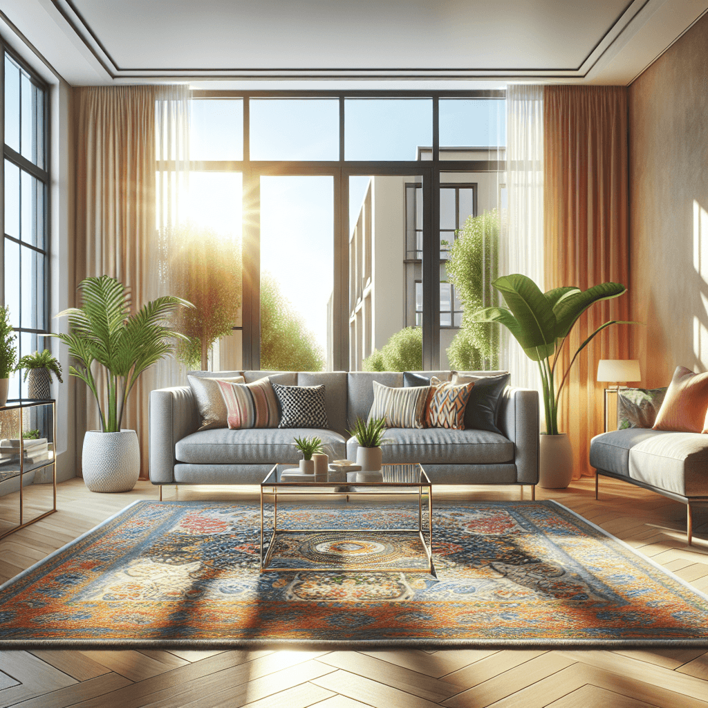 A beautifully cleaned living room with sunlight, grey sofa, colorful pillows, and indoor plants.