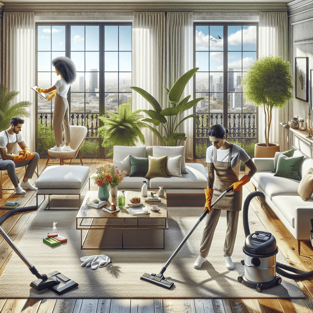 A scene of professionals cleaning a spacious living room with modern furniture.