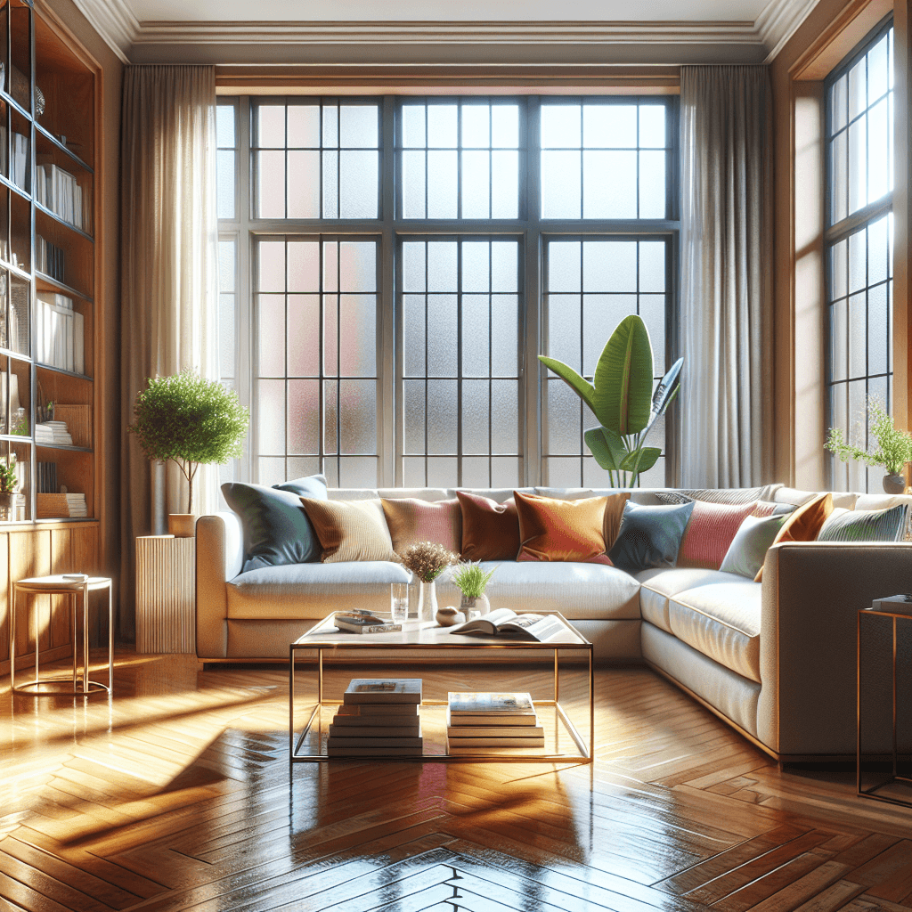 A cozy, clean living room showcasing a comfortable sofa and a spotless coffee table.