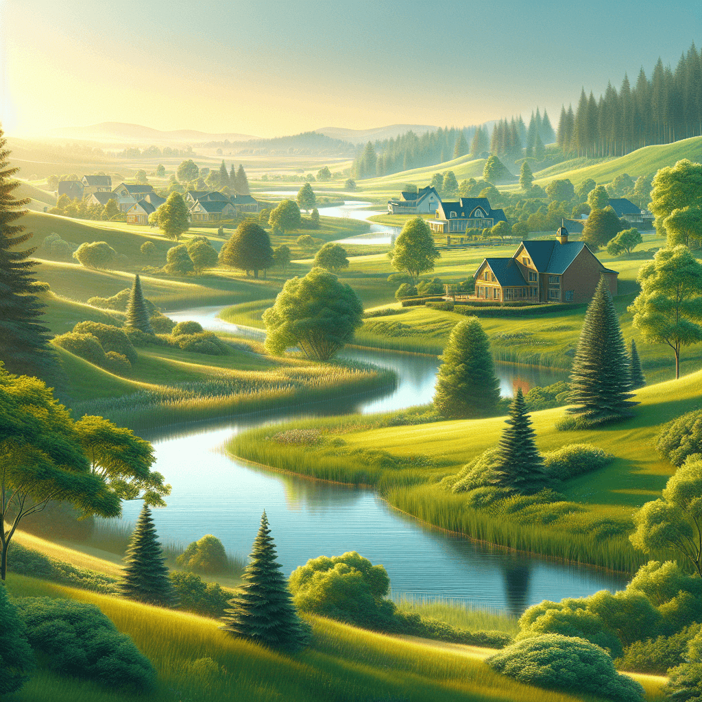 A picturesque landscape of Bearspaw community featuring green hills, a flowing river, and modern homes.