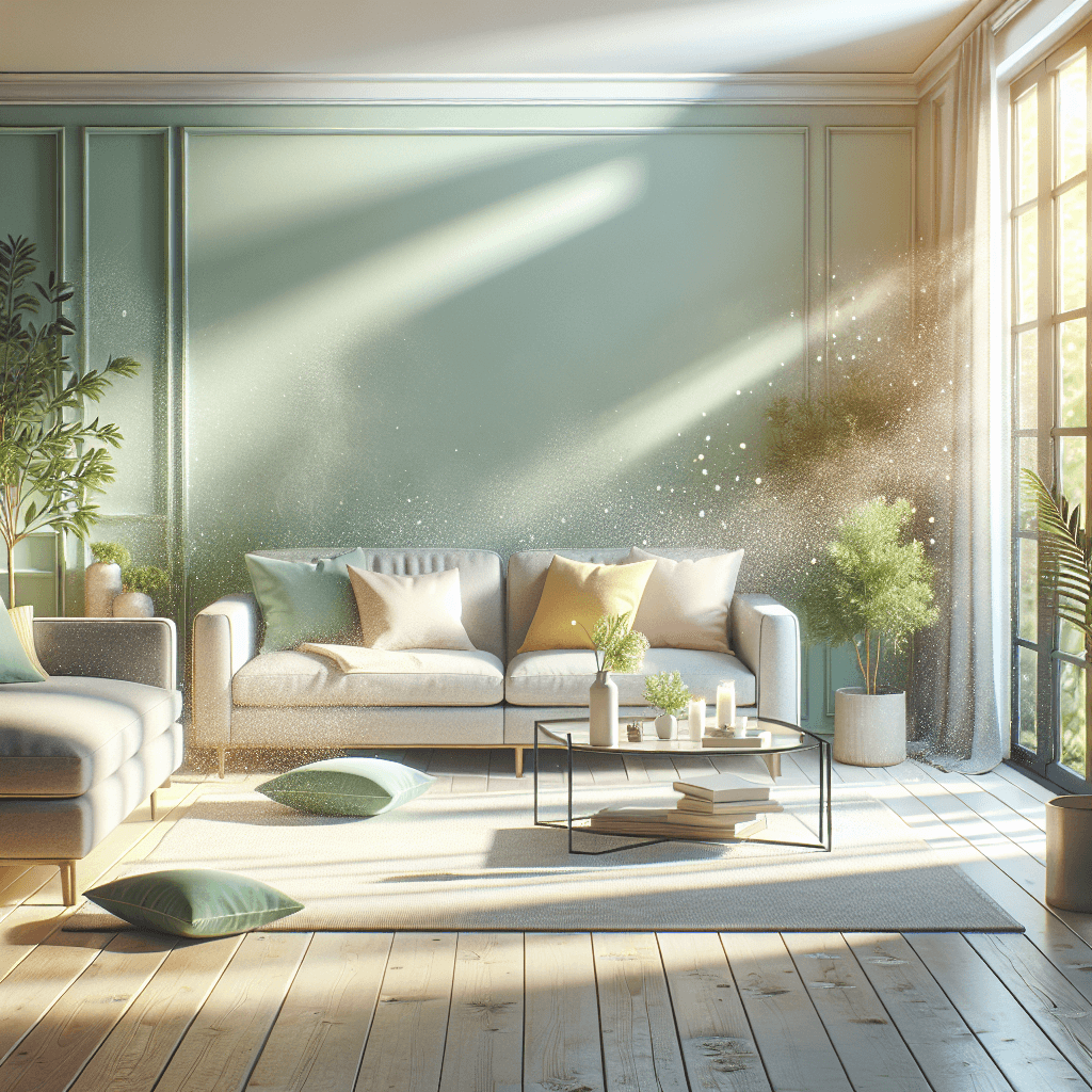 A clean and bright living room in spring with large windows and a potted plant.