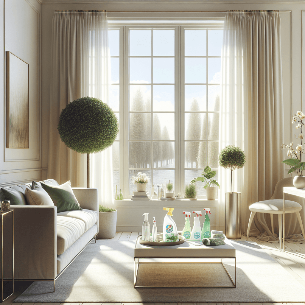A bright and airy room illustrating the concept of spring cleaning, with a modern sofa and cleaning supplies.