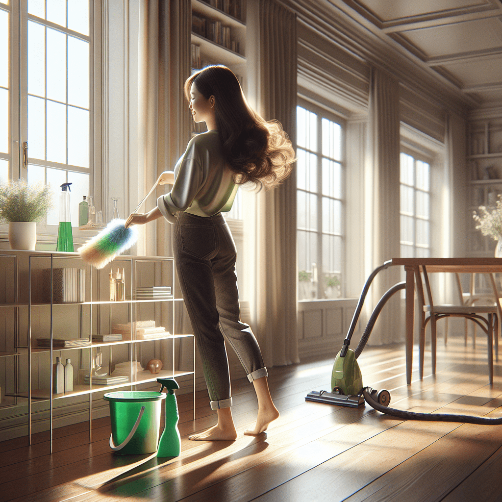 A woman cleaning a bright, sunny room with cleaning supplies.