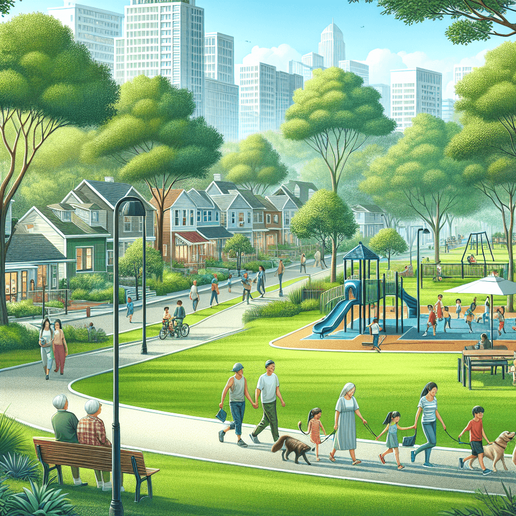 A scenic view of South Terwillegar neighborhood in Edmonton highlighting parks, families, and local amenities.