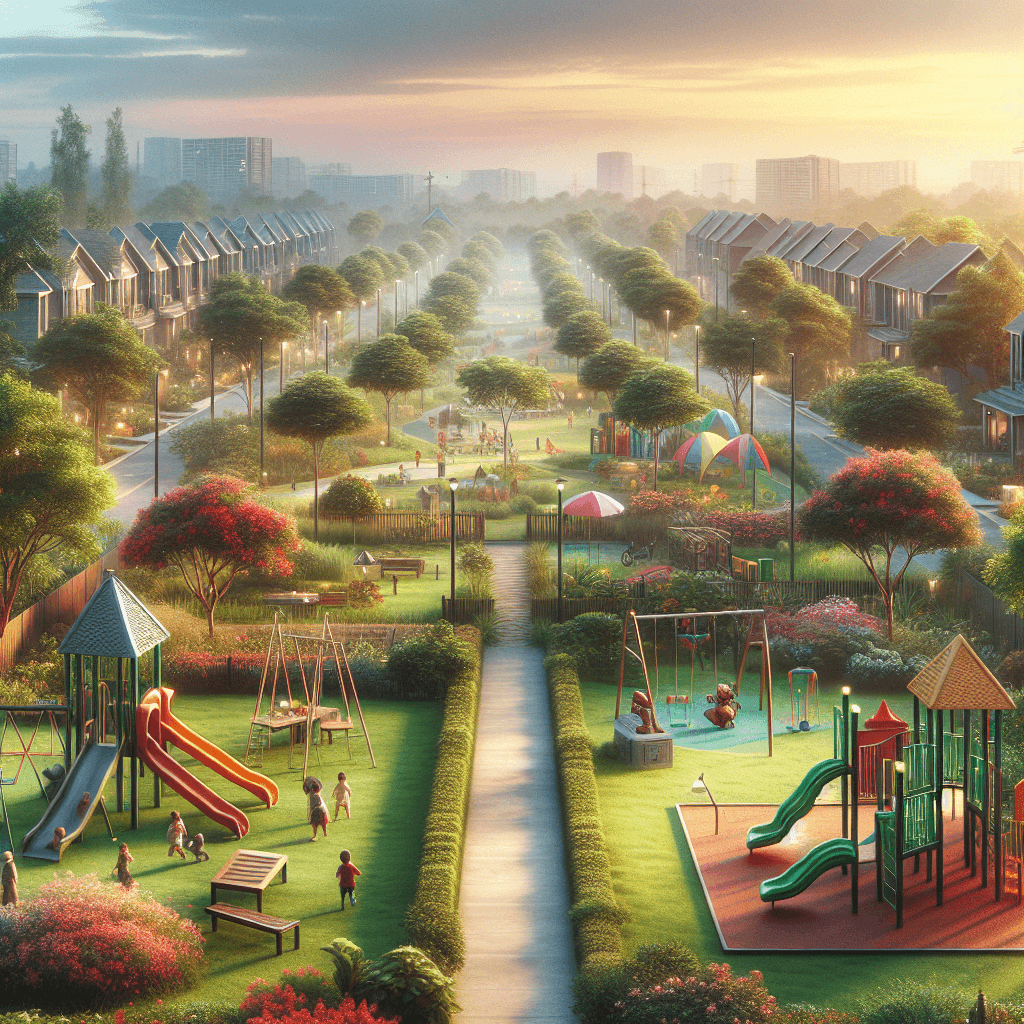 A scenic view of the South Terwillegar neighborhood featuring parks, playgrounds, and local amenities.