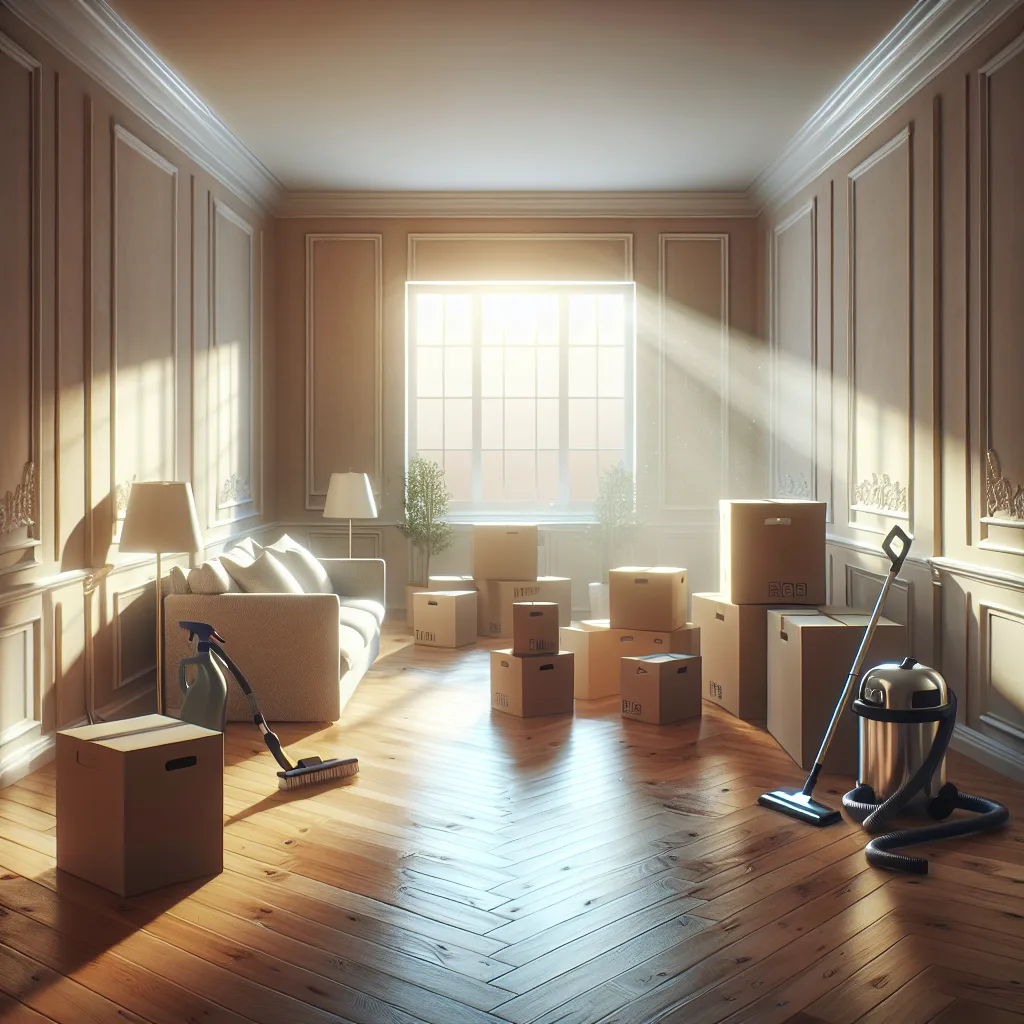 A clean living room with moving boxes and sunlight streaming through the window.