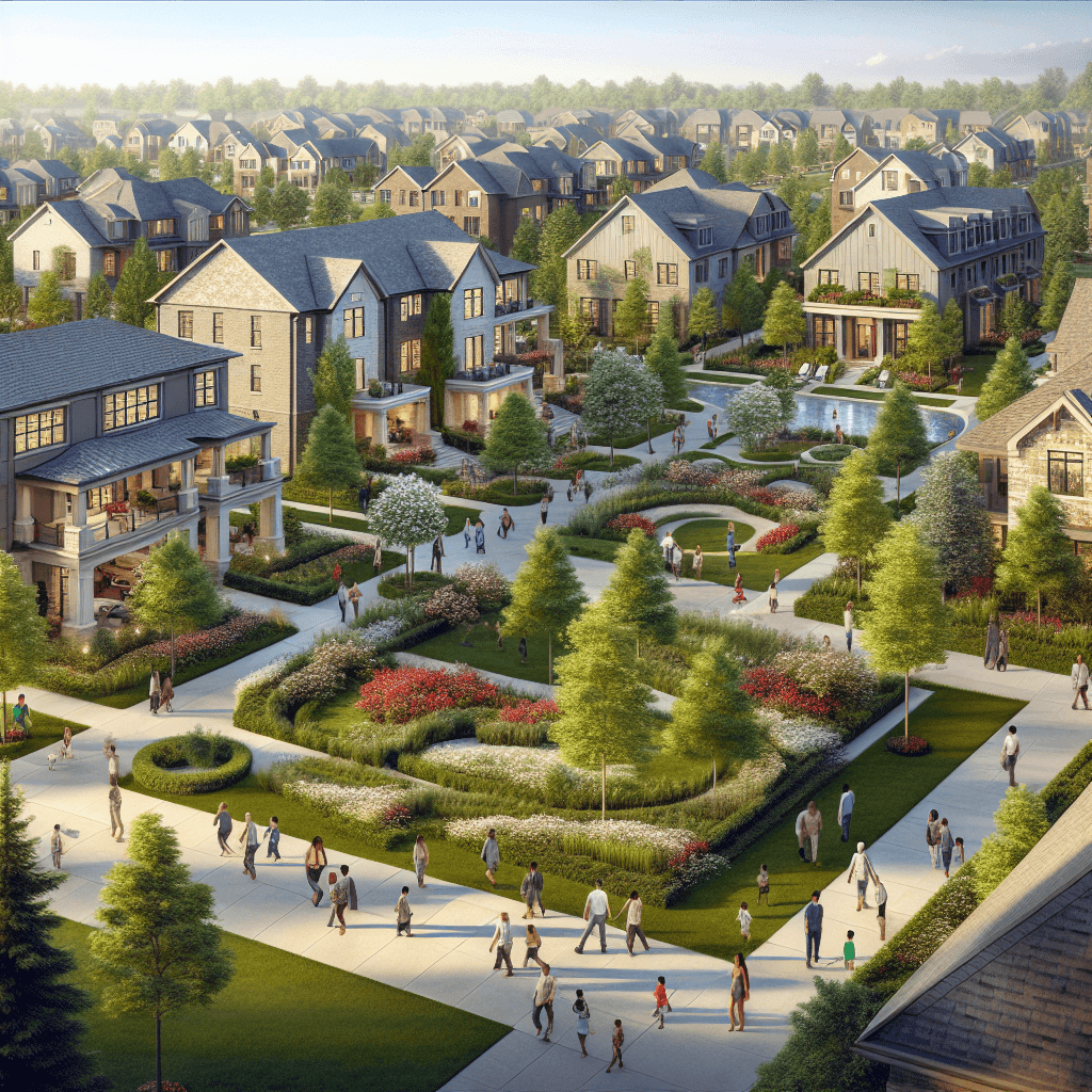 A view of Henderson Estates, featuring modern homes, parks, and diverse community members.