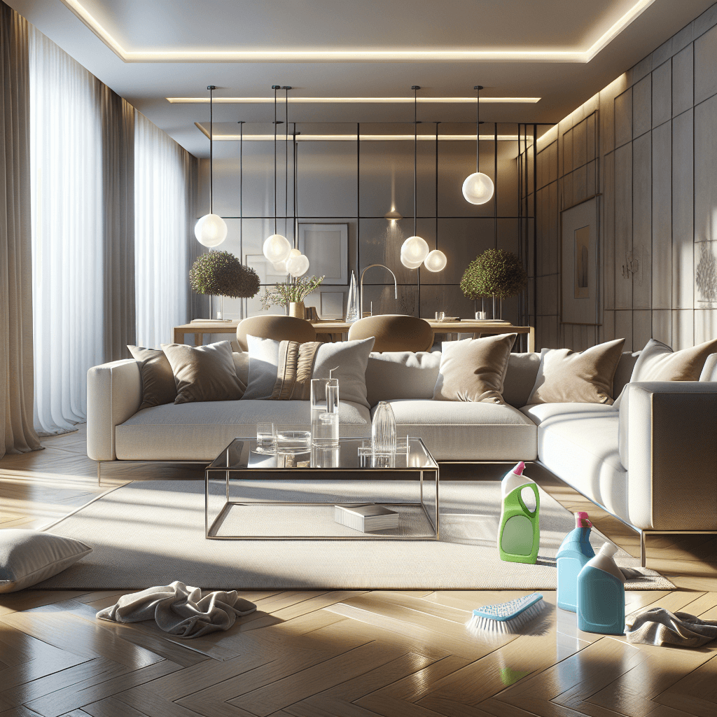 A modern, clean, and organized living room with sparkling surfaces and tidy furniture, emphasizing an immaculate and serene atmosphere.