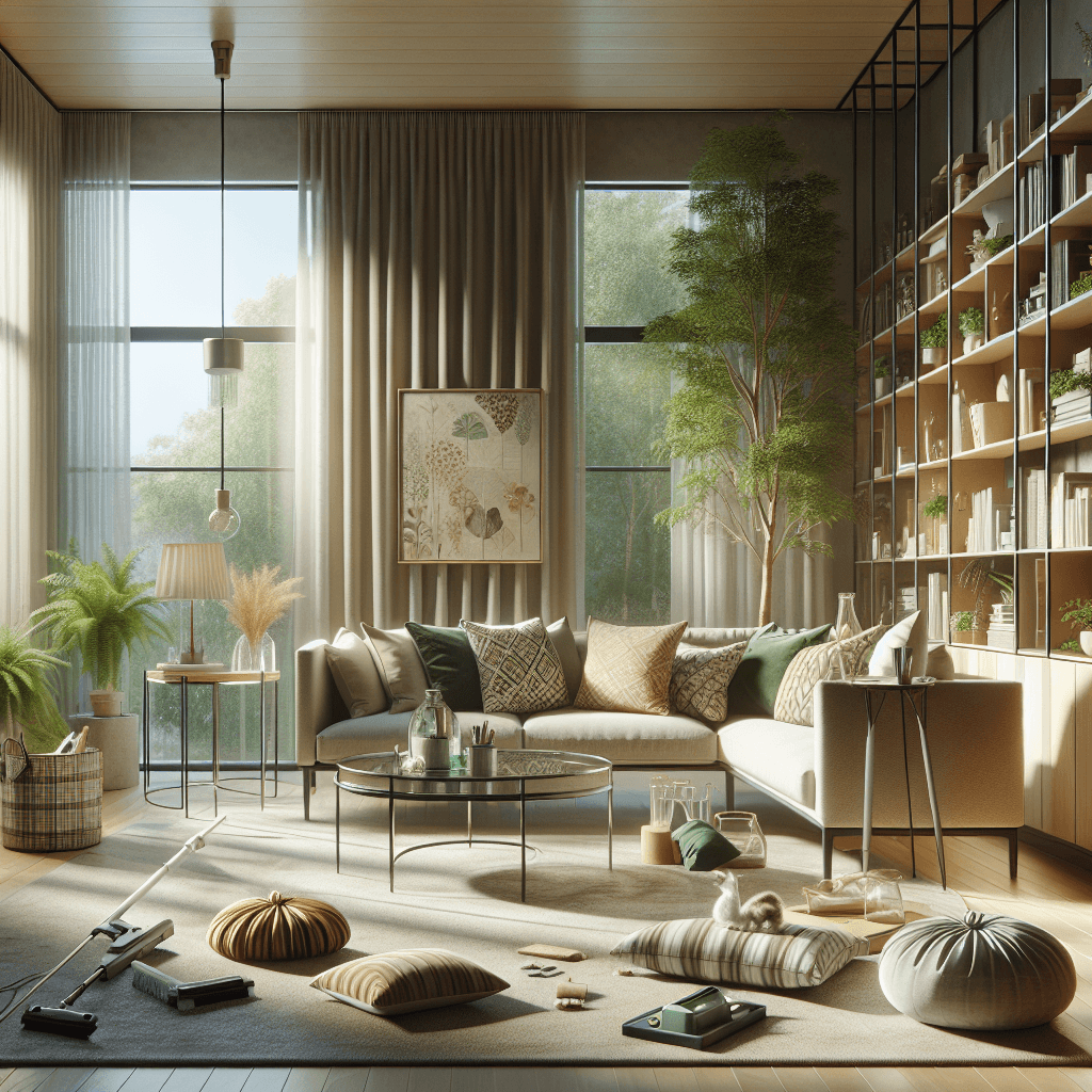 A clean and tidy modern living room filled with natural light and well-organized furnishings.