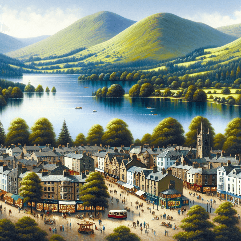 A scenic view of Keswick town with mountains and Derwentwater lake.