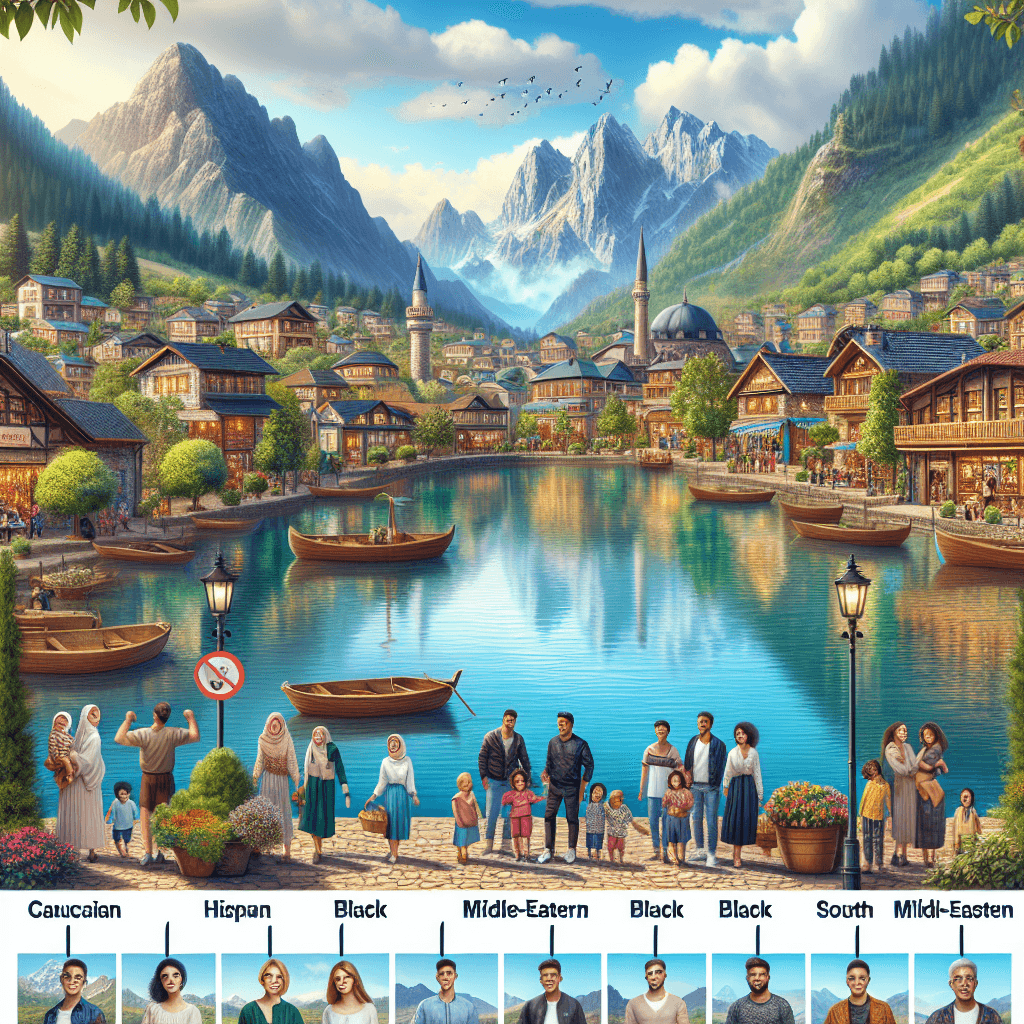 A picturesque view of Keswick with mountains, a lake, and quaint shops.