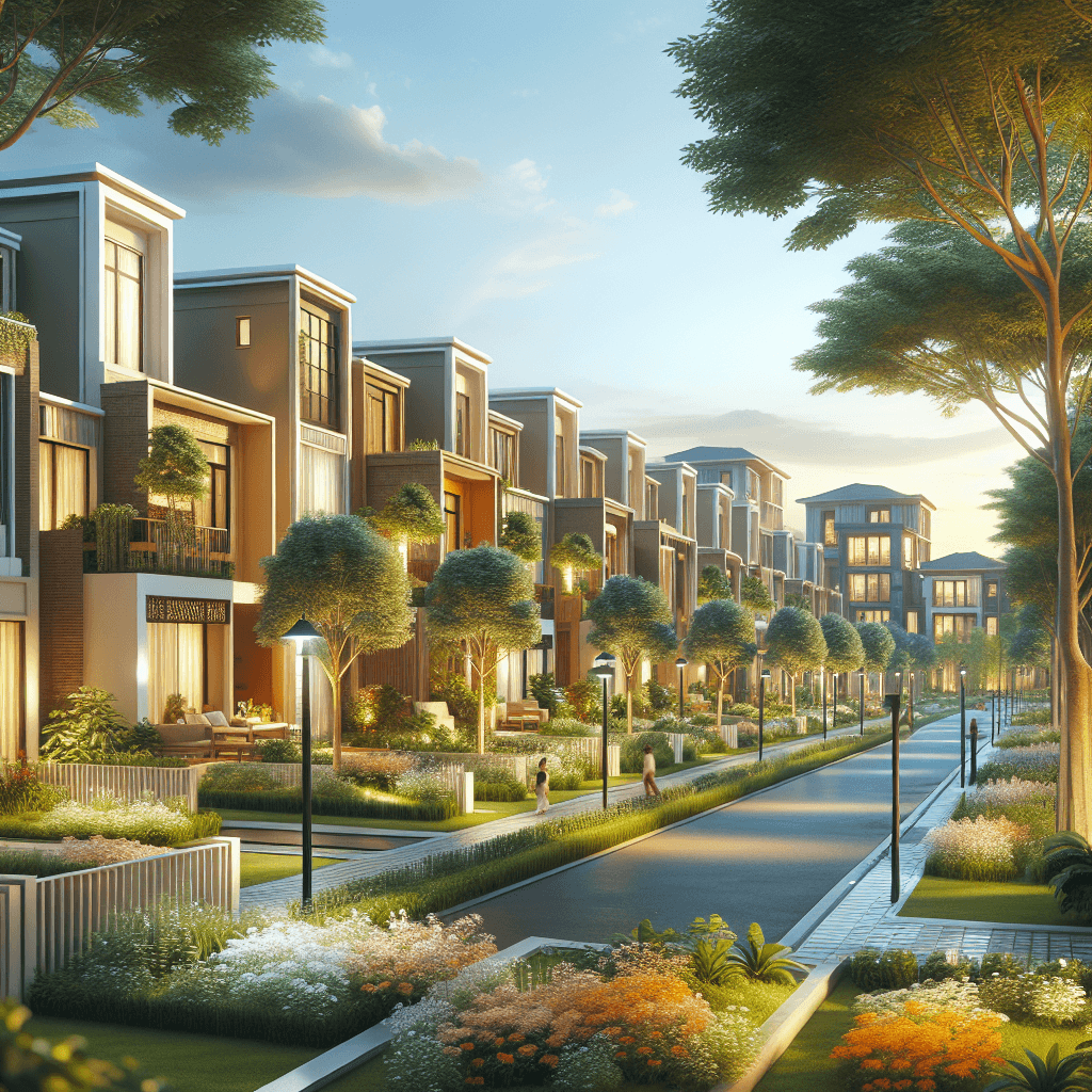 A serene neighborhood scene in Henderson Estates, featuring a blend of modern and classic homes.